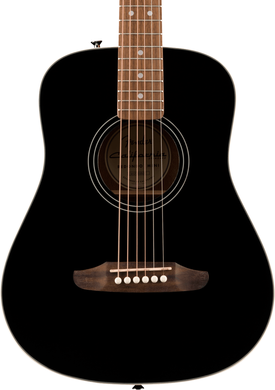 Guitare acoustique noire à cordes acier, touche en bois clair, rosace cerclée, chevalet et boutons blancs, corps de taille réduite.