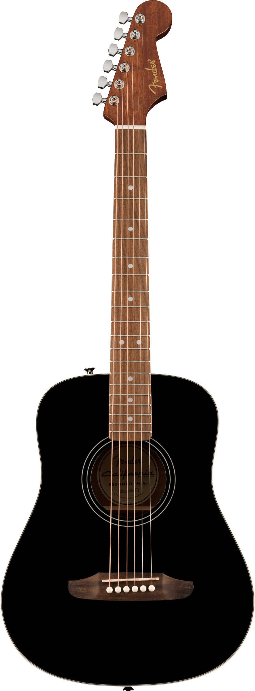 Guitare acoustique noire à six cordes, manche et tête en bois marron, boutons mécaniques argentés, rosace cerclée de blanc, style Fender.