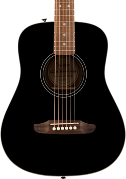 Guitare acoustique noire à cordes acier, touche en bois clair, rosace cerclée, chevalet et boutons blancs, corps de taille réduite.