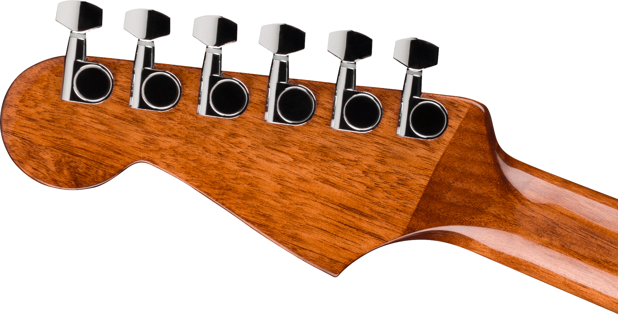 Tête de guitare acoustique en bois verni, six mécaniques chromées alignées pour l’accordage des cordes.