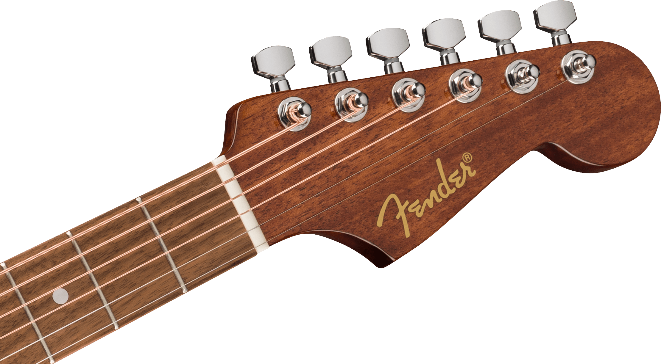 Tête de guitare acoustique en bois foncé, mécaniques argentées, logo Fender doré, six cordes tendues sur la touche en bois avec repère rond blanc.