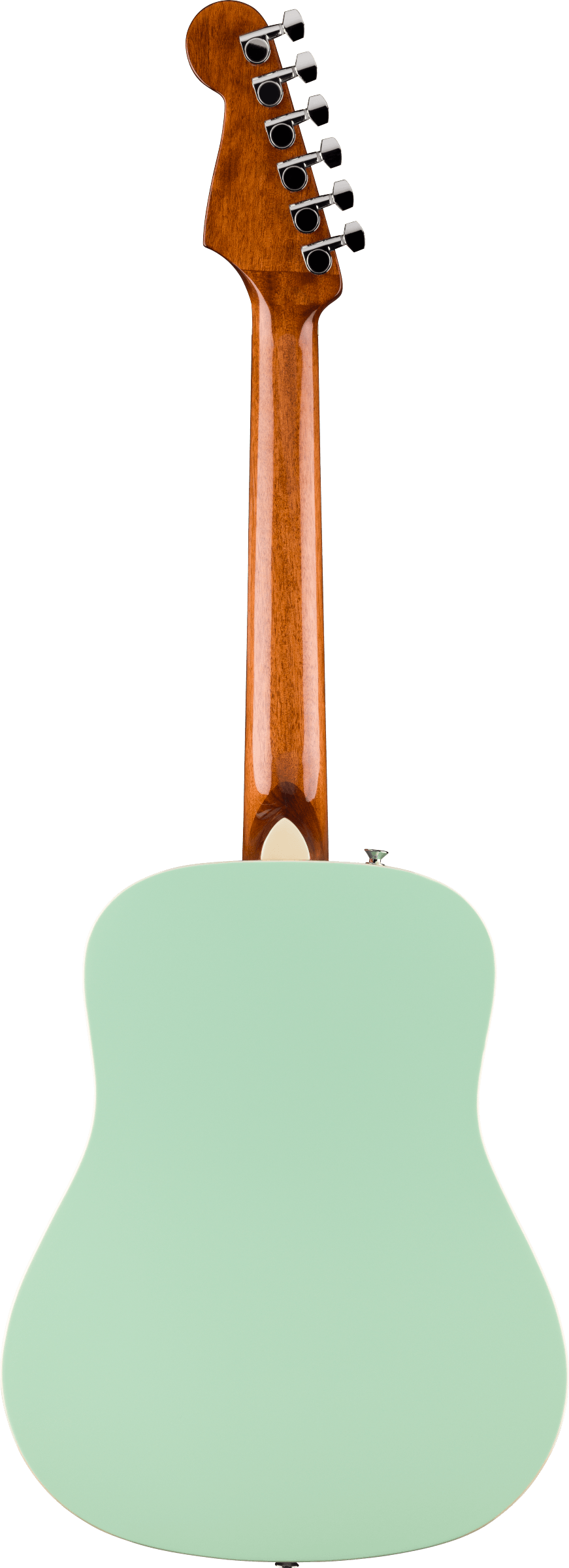 A Fender acoustic guitar seen from the back, featuring a glossy brown neck and a light green body with chrome tuners.