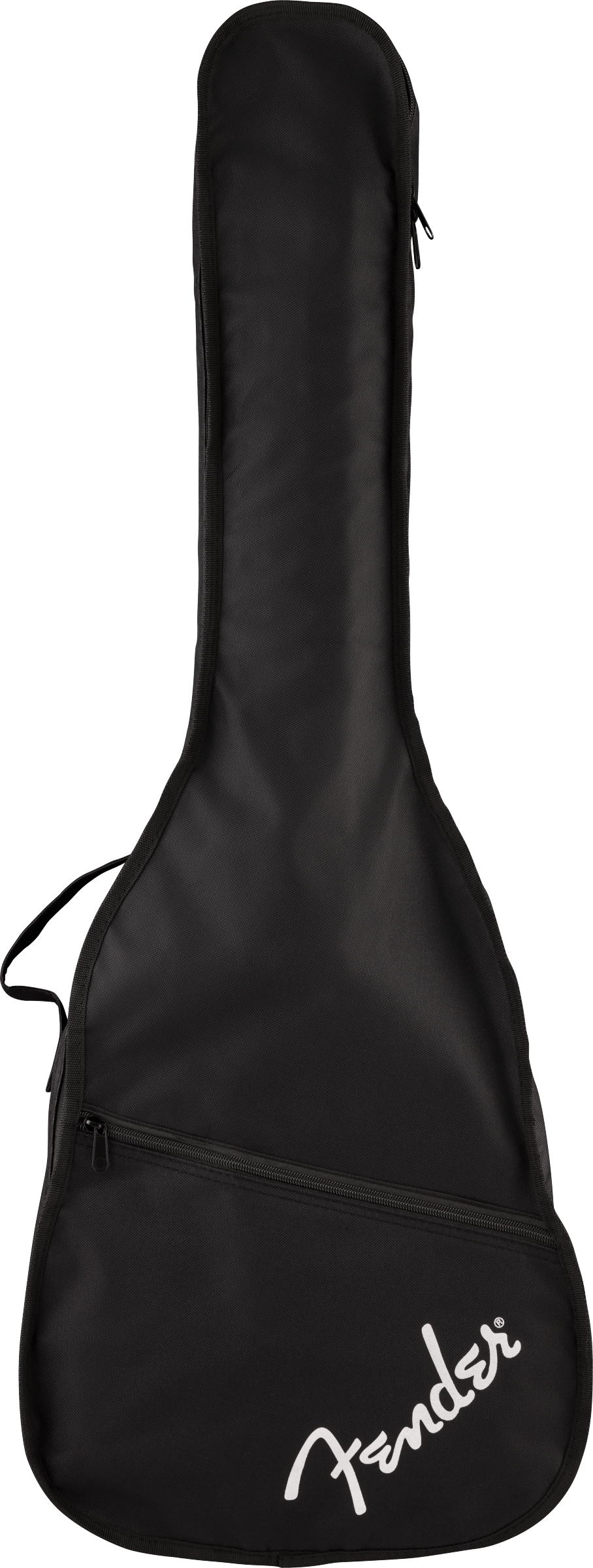 Black Fender soft guitar case with a front zipper pocket and white Fender logo in the lower right corner.