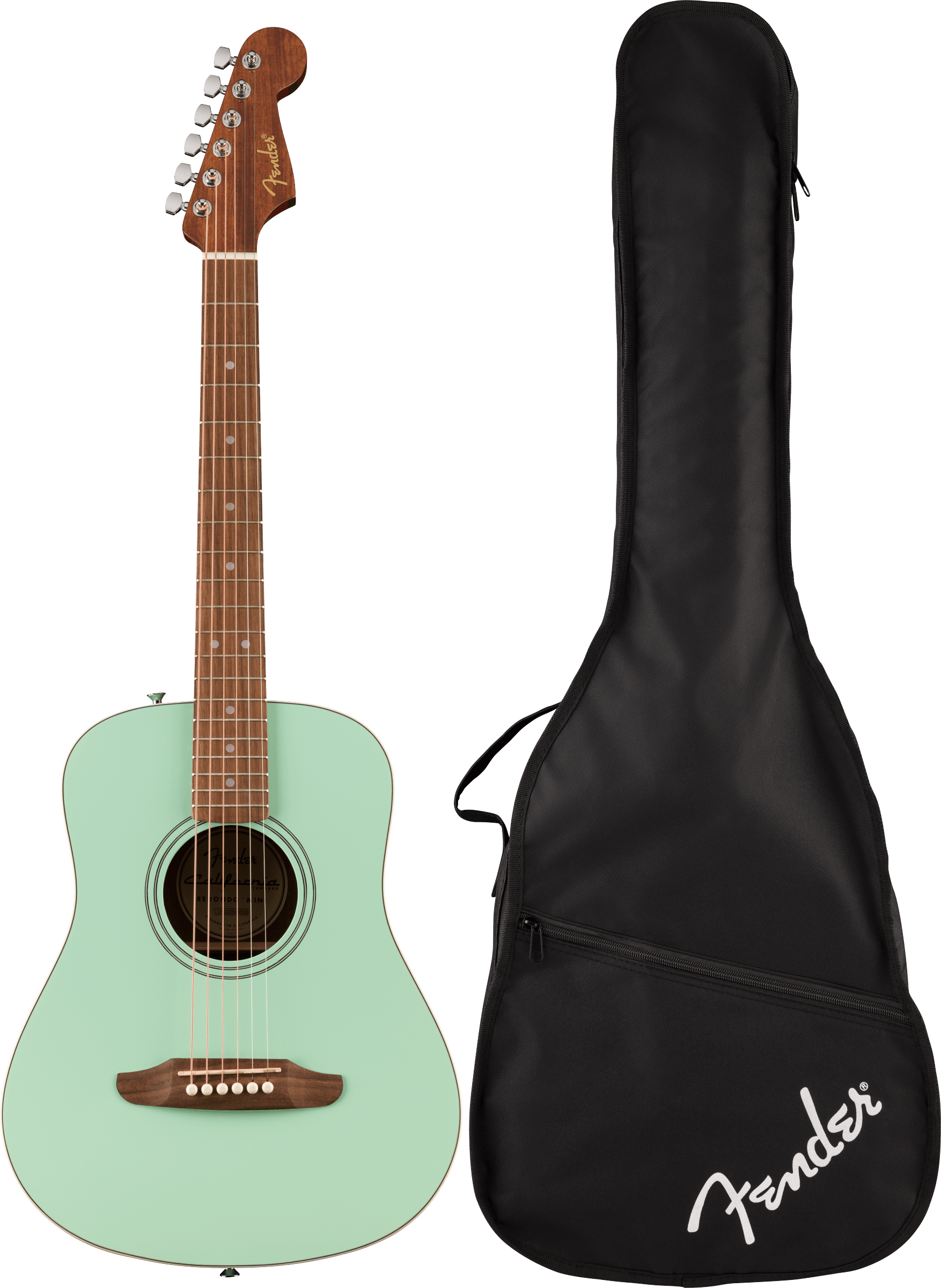Seafoam green Fender acoustic guitar with a brown neck, six strings, next to a black gig bag featuring a white Fender logo.
