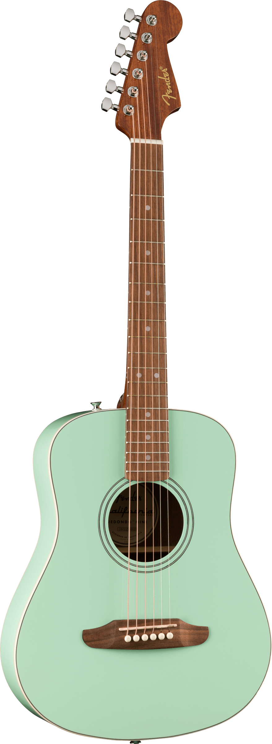 Mint green Fender acoustic guitar with a light wood neck, six tuning pegs, white trim, and a brown bridge with six white pins.
