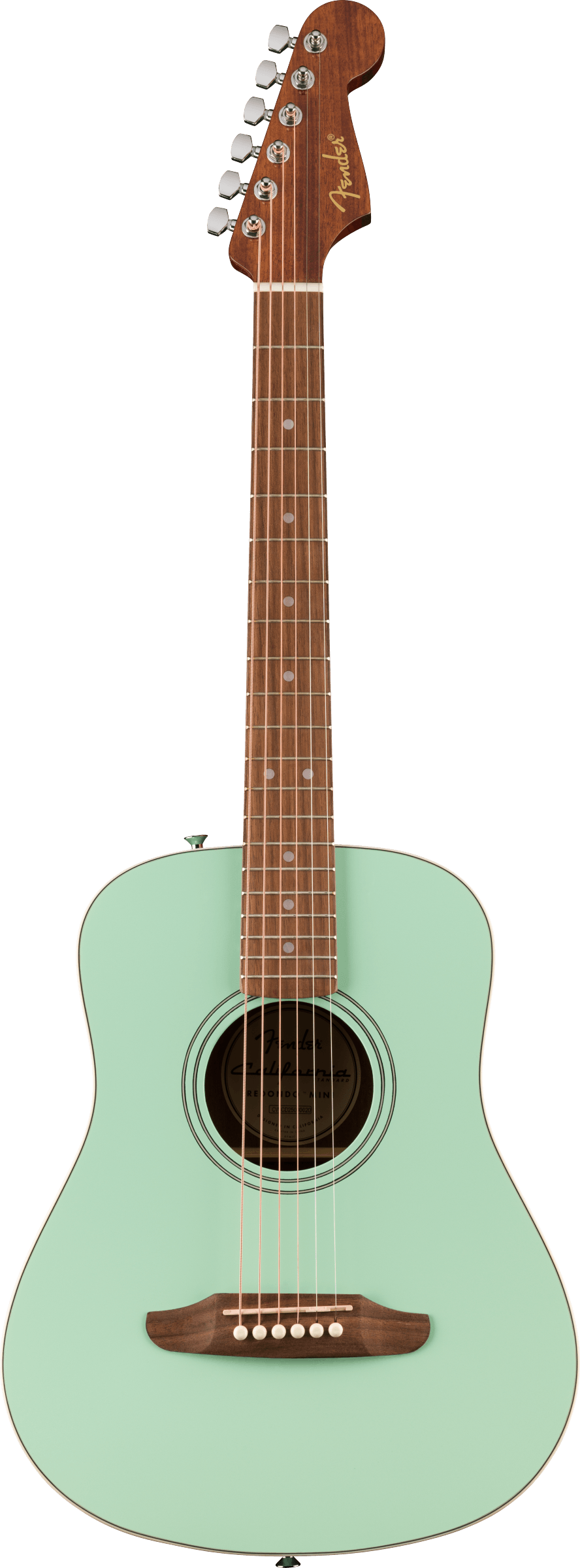 Fender acoustic guitar with a light seafoam green body, brown wooden neck and bridge, six strings, and silver tuning pegs.