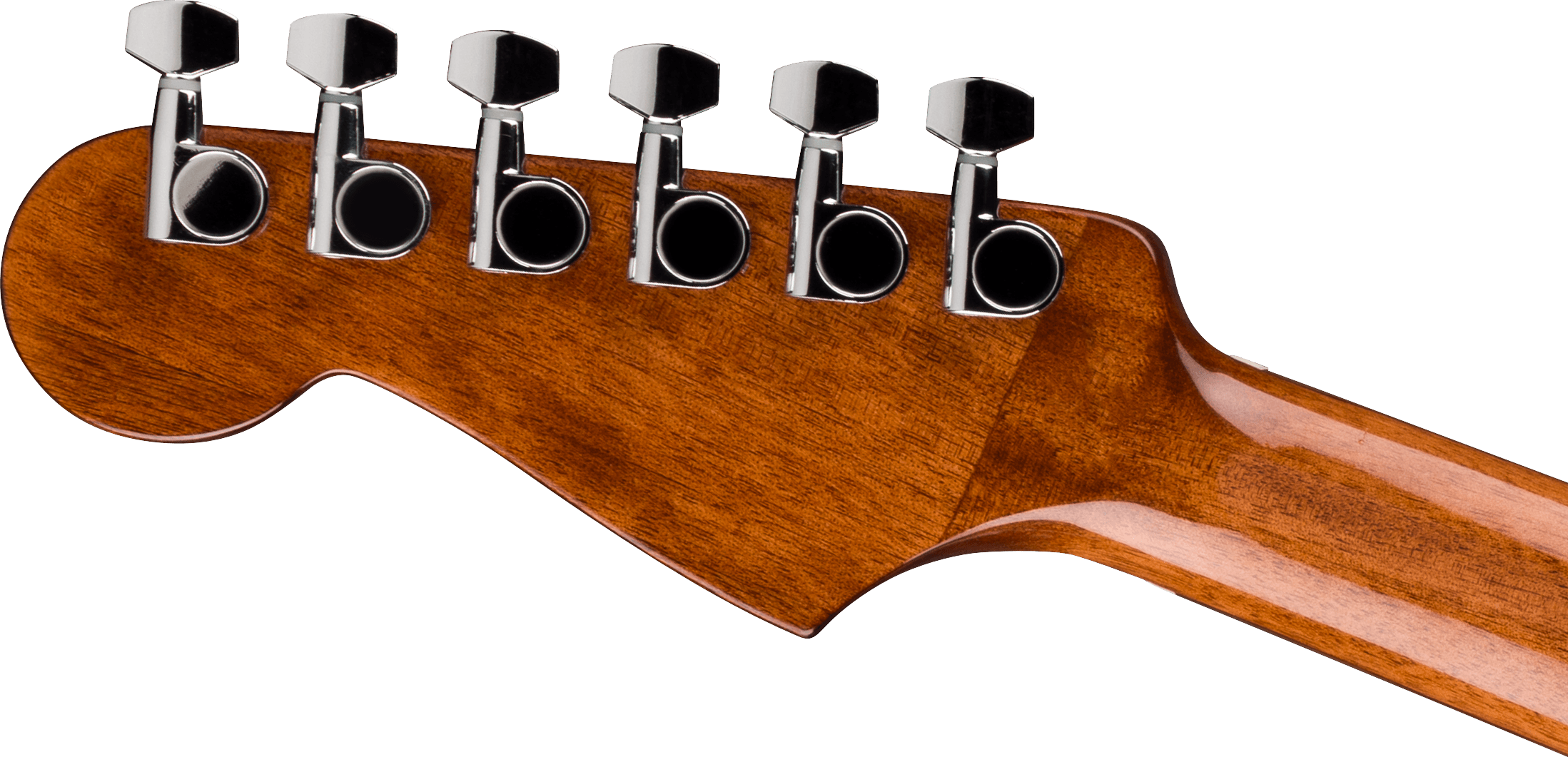 Polished wood Fender guitar headstock with six chrome tuning pegs in a row, viewed from the back.
