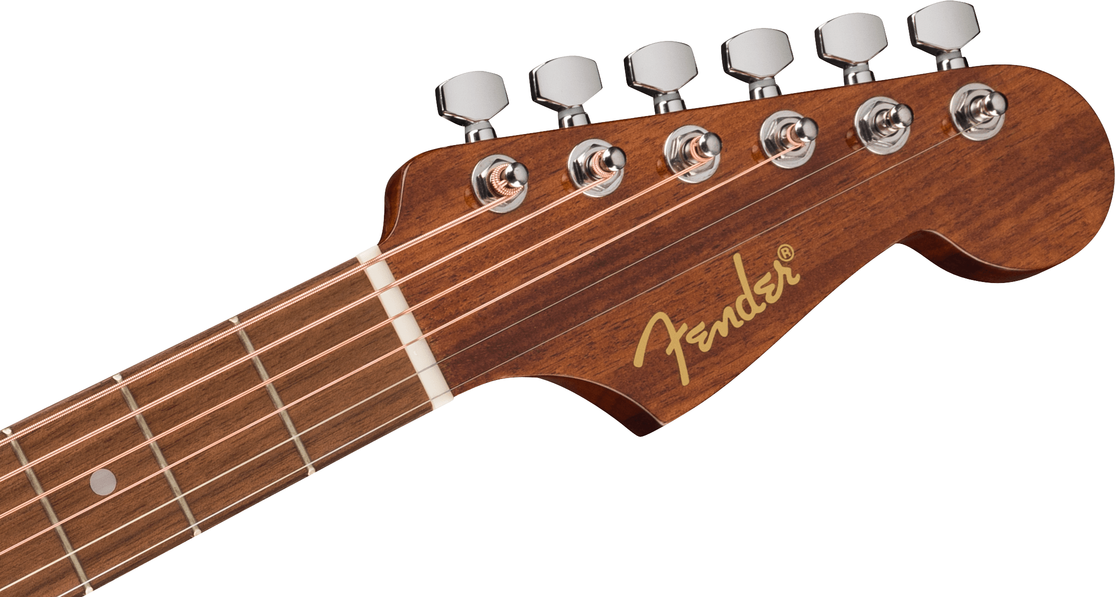 Six tuning pegs on a brown Fender guitar headstock with the gold Fender logo, attached to a rosewood fretboard with metal frets and dot inlay.