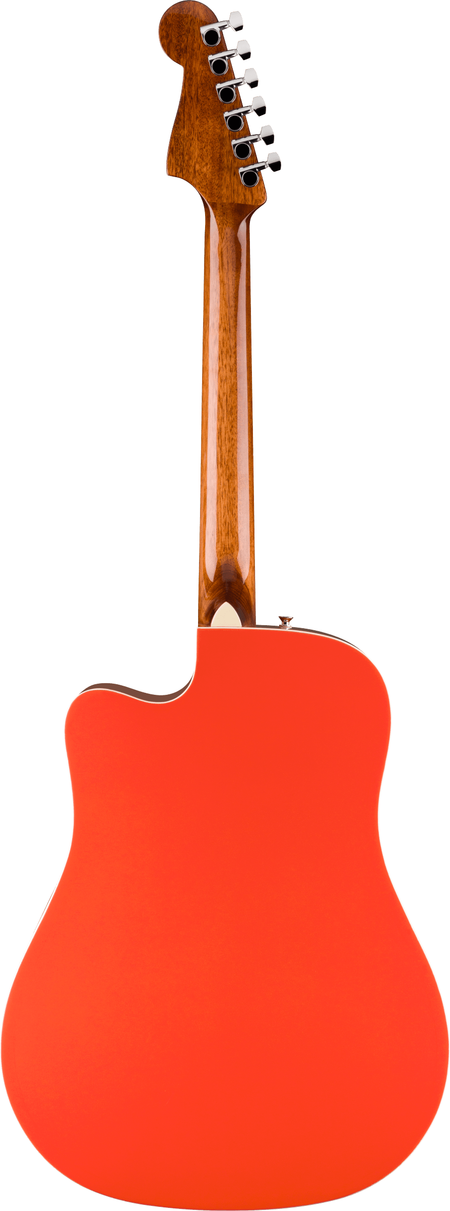 Guitare acoustique vue de dos, corps rouge vif, manche en bois marron verni, six mécaniques chromées alignées sur la tête.