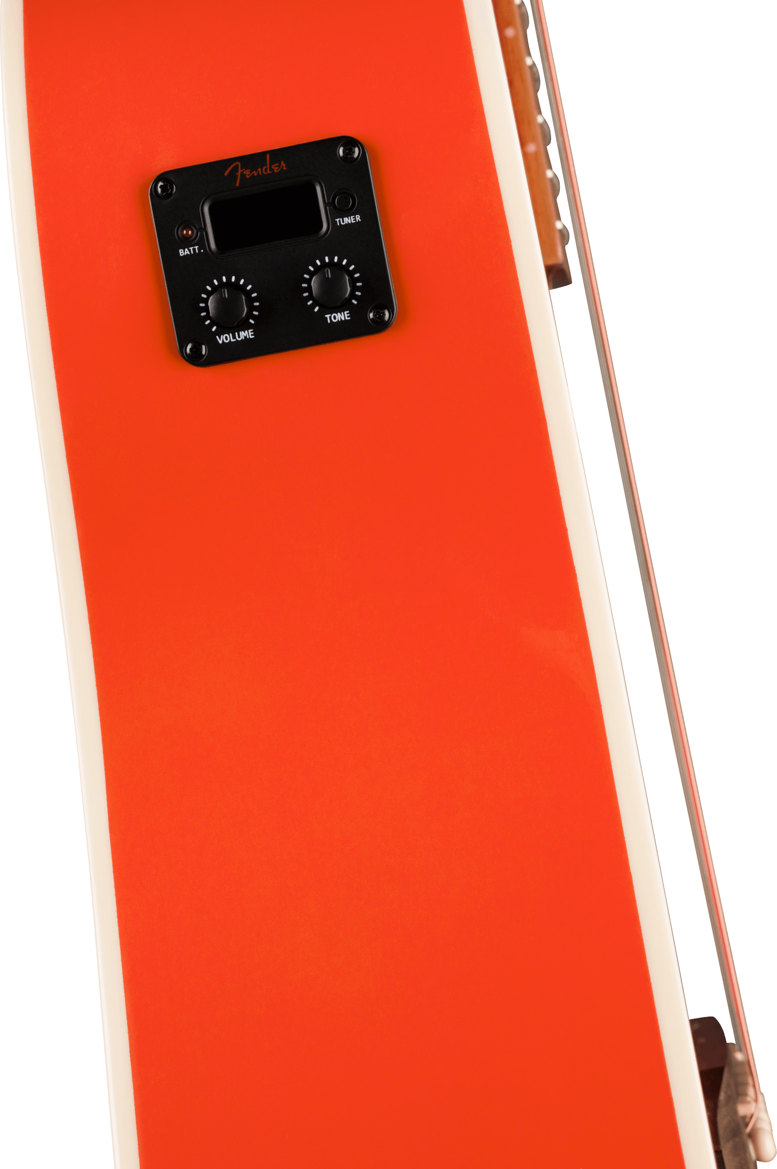 Guitare acoustique orange vif avec un préampli noir intégré, deux boutons ronds volume et tonalité, bordure blanche.