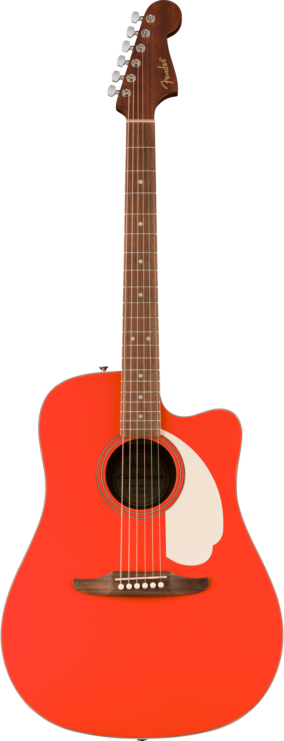 Guitare acoustique rouge vif à pan coupé, touche et chevalet en bois foncé, pickguard blanc, six cordes, tête style Fender avec mécaniques argentées.