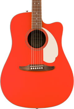 Guitare acoustique rouge vif avec pan coupé, pickguard blanc et chevalet brun, six cordes, rosace cerclée de noir, touche marron.