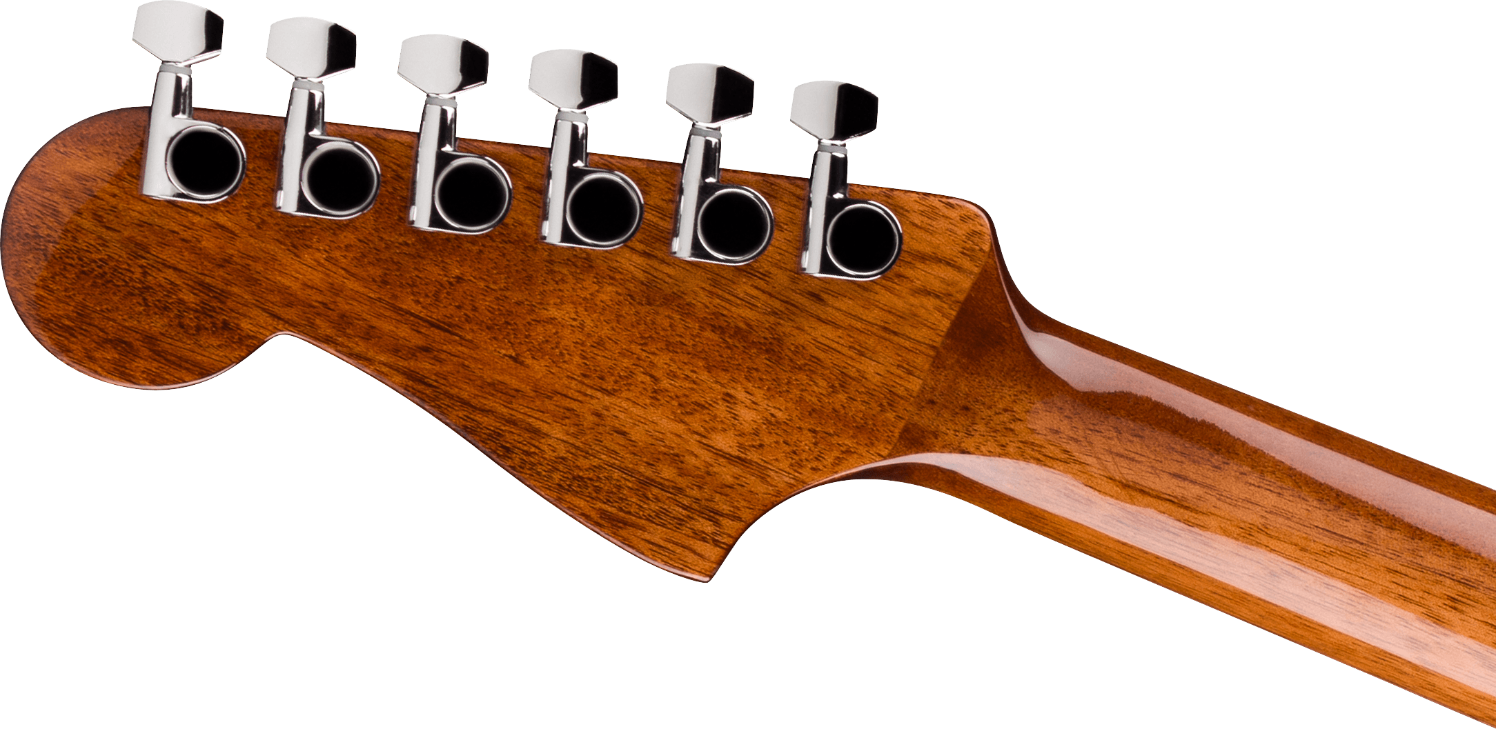 Tête de guitare acoustique en bois verni, six mécaniques chromées alignées pour accorder les cordes.