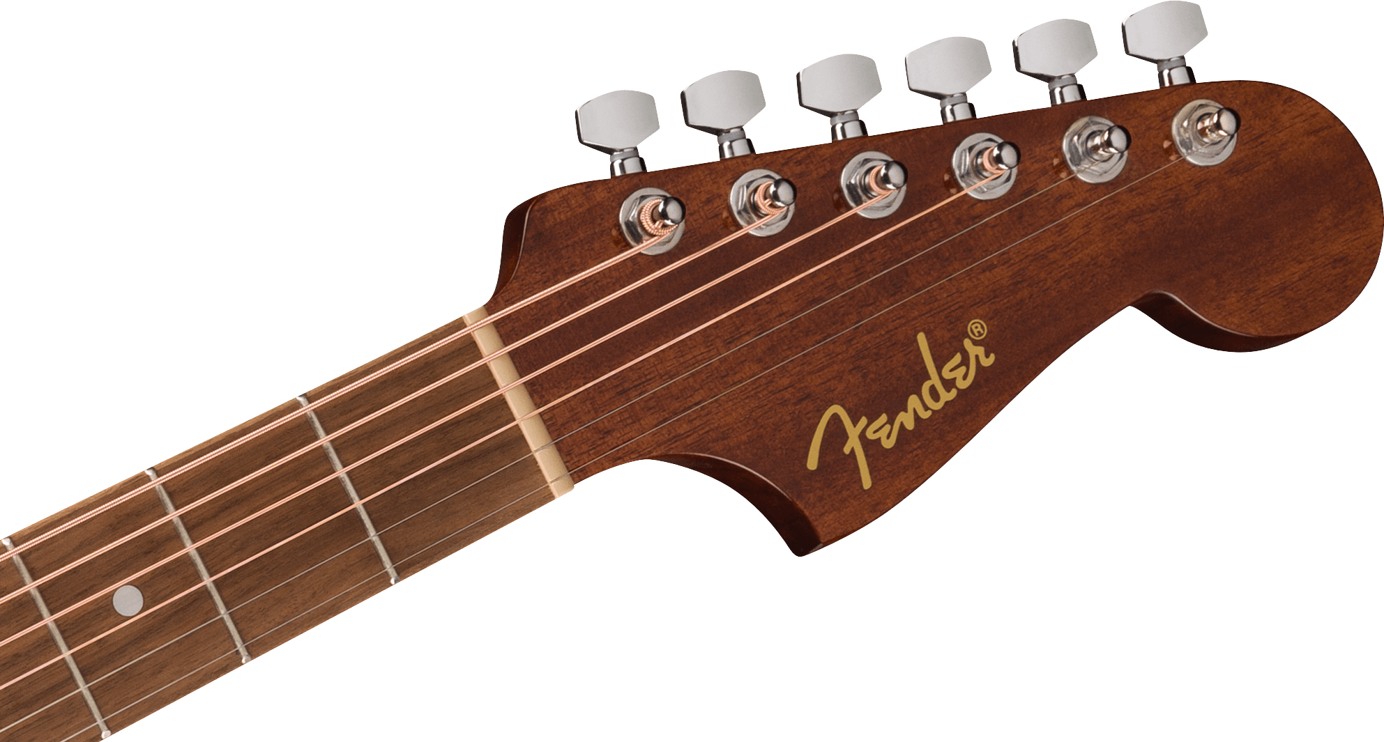 Manche et tête en bois d’une guitare acoustique Fender, six mécaniques chromées alignées, logo Fender jaune, six cordes tendues.