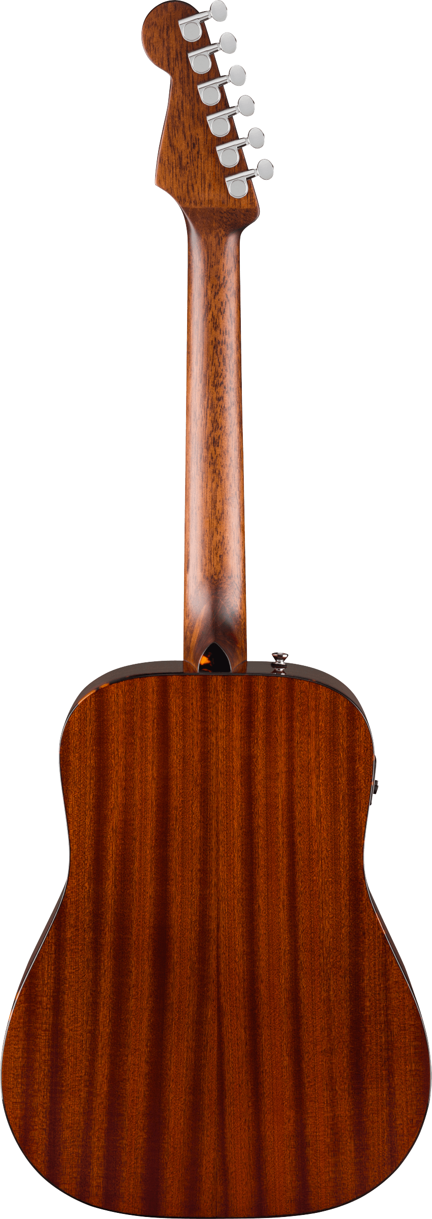 Guitare acoustique en bois foncé vue de dos, avec un dos bombé et un manche lisse. Six mécaniques chromées alignées sur la tête.