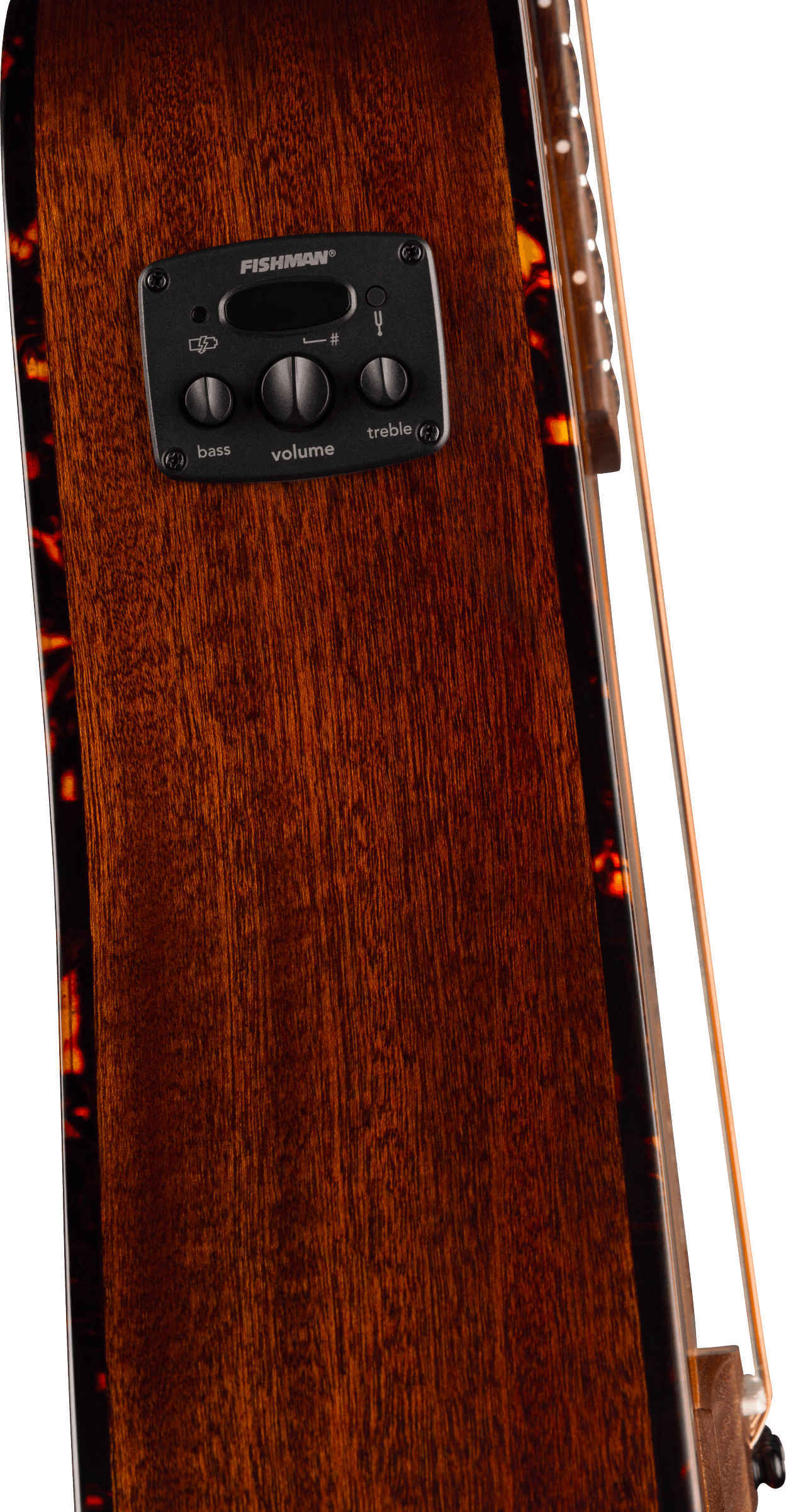 Panneau de réglage noir avec boutons bass, volume et treble sur la caisse latérale en bois d'une guitare acoustique.