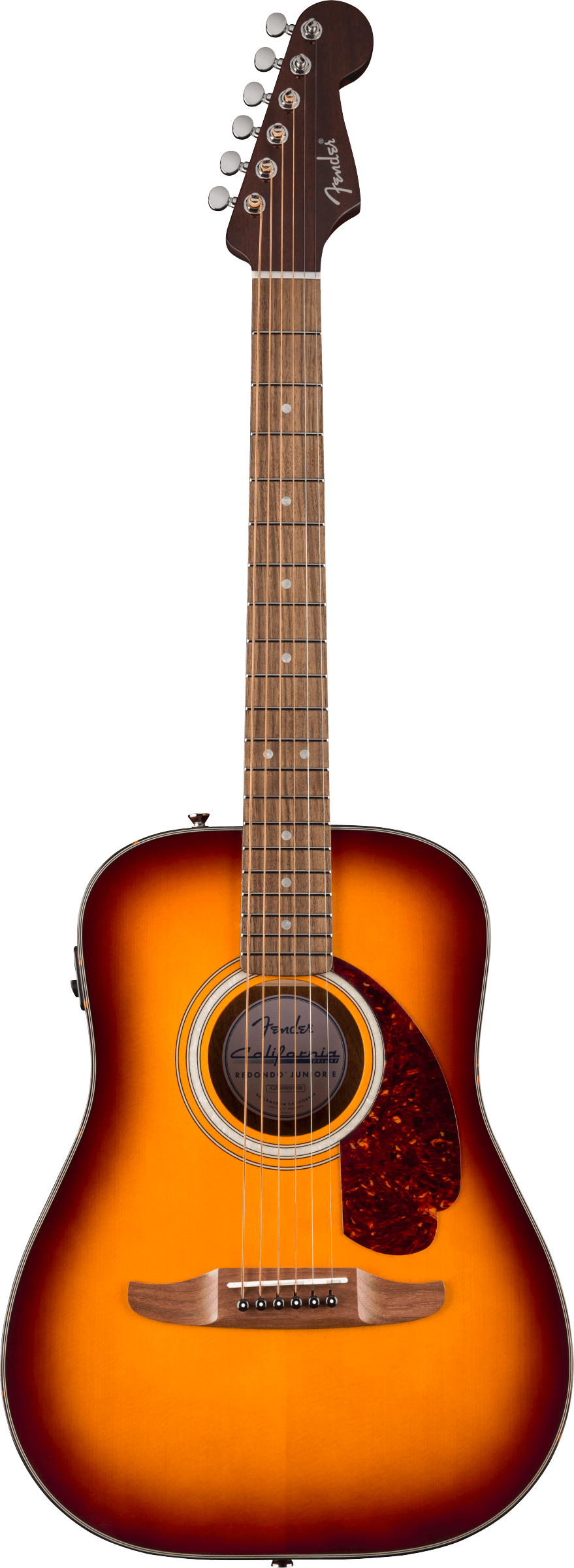 Guitare acoustique à six cordes, finition sunburst orange et marron, pickguard marron, manche et tête en bois foncé, rosace décorée.