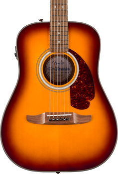 Sunburst acoustic guitar with six strings, tortoiseshell pickguard, light wood bridge, and a circular soundhole label reading 
