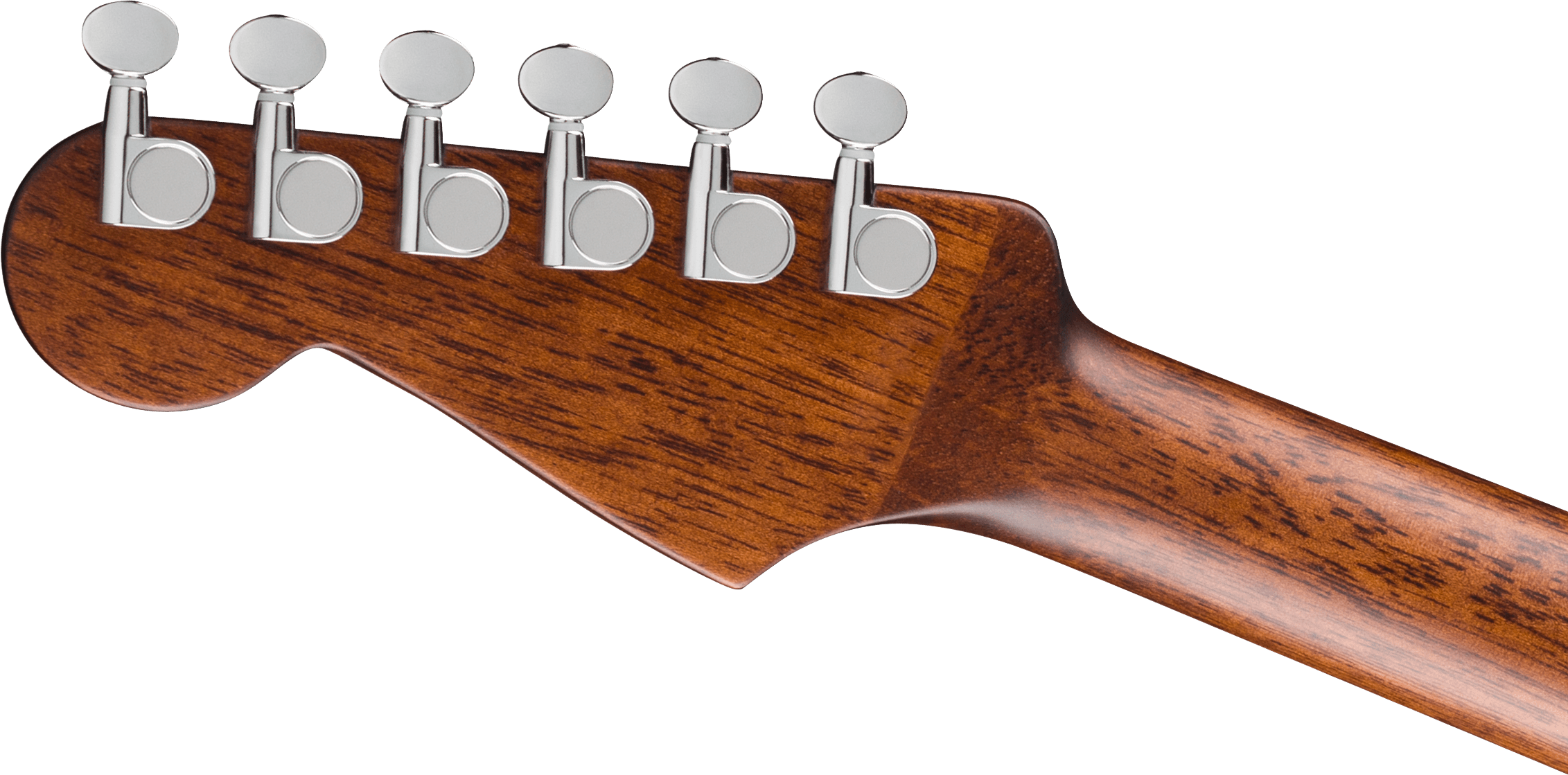 Manche en bois lisse d’une guitare acoustique, avec six mécaniques chromées alignées à l’extrémité pour accorder les cordes.