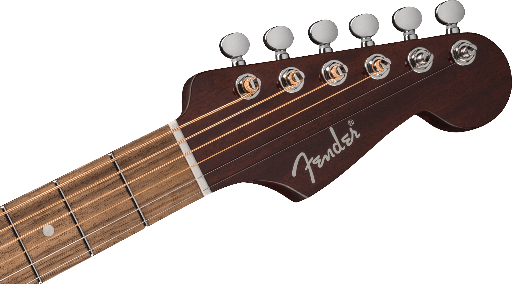 Tête de guitare acoustique Fender en bois foncé, six mécaniques argentées alignées, cordes métalliques et logo Fender blanc.