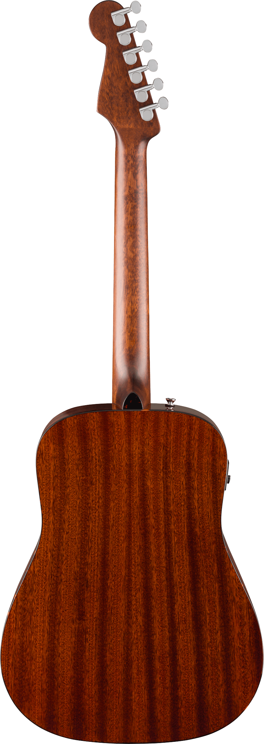 Guitare acoustique en bois foncé vue de dos, avec dos bombé et tête équipée de six mécaniques argentées alignées sur un côté.