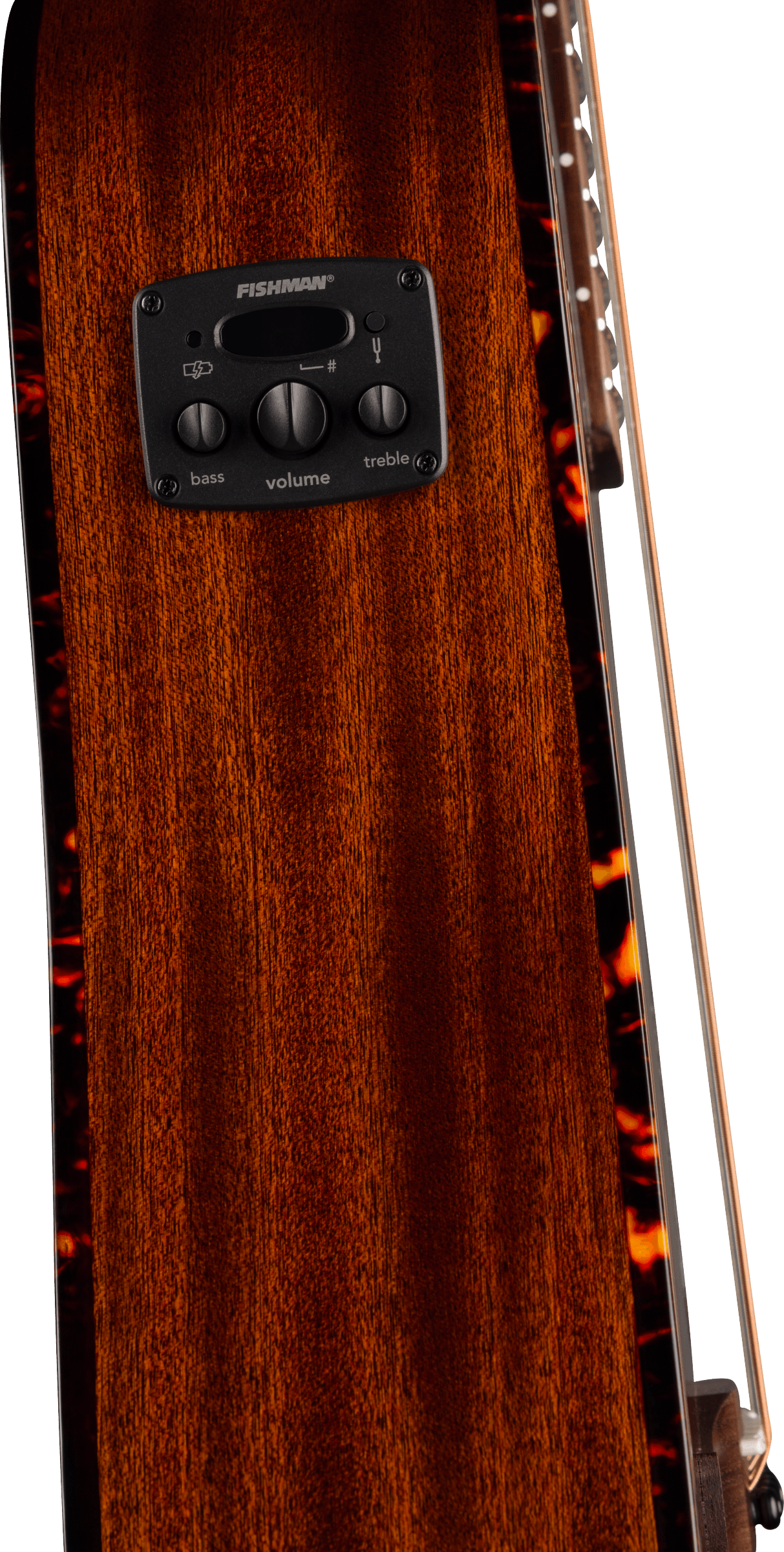Tableau de commande noir Fishman avec boutons volume, basses, aigus et accordeur intégré sur la caisse latérale en bois vernis d'une guitare acoustique.