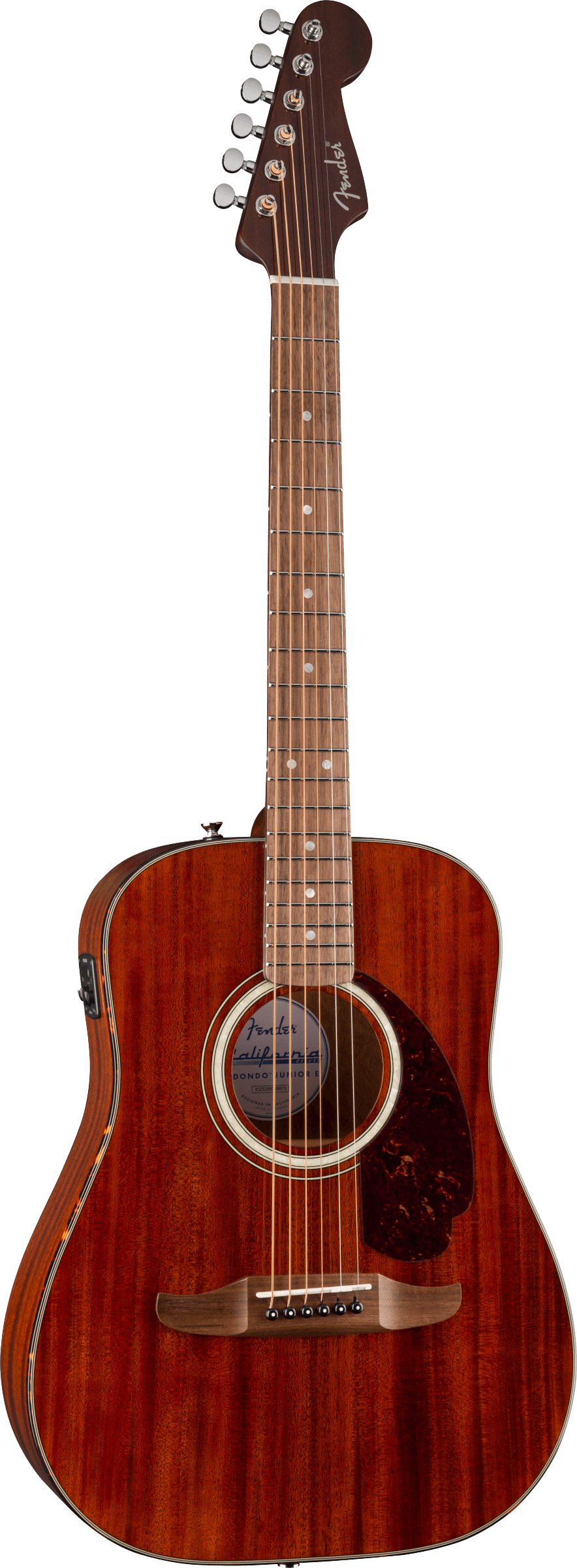 Guitare acoustique en bois brun verni, forme dreadnought, pickguard foncé, tête de manche avec six mécaniques alignées d'un côté.