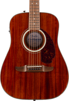 Guitare acoustique en bois foncé, forme dreadnought, six cordes, plaque de protection marron sous la rosace circulaire claire.