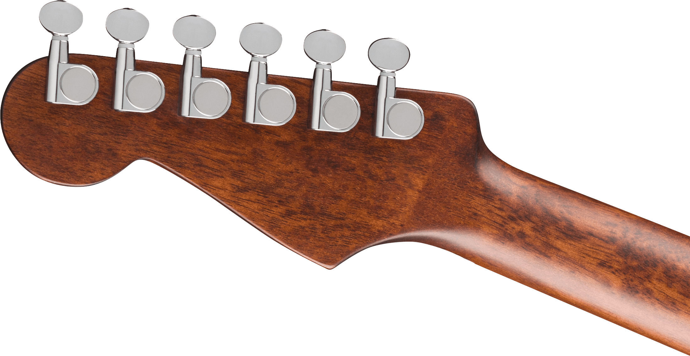 Le dos d’une tête de guitare acoustique en bois brun montre six mécaniques d’accordage chromées alignées.