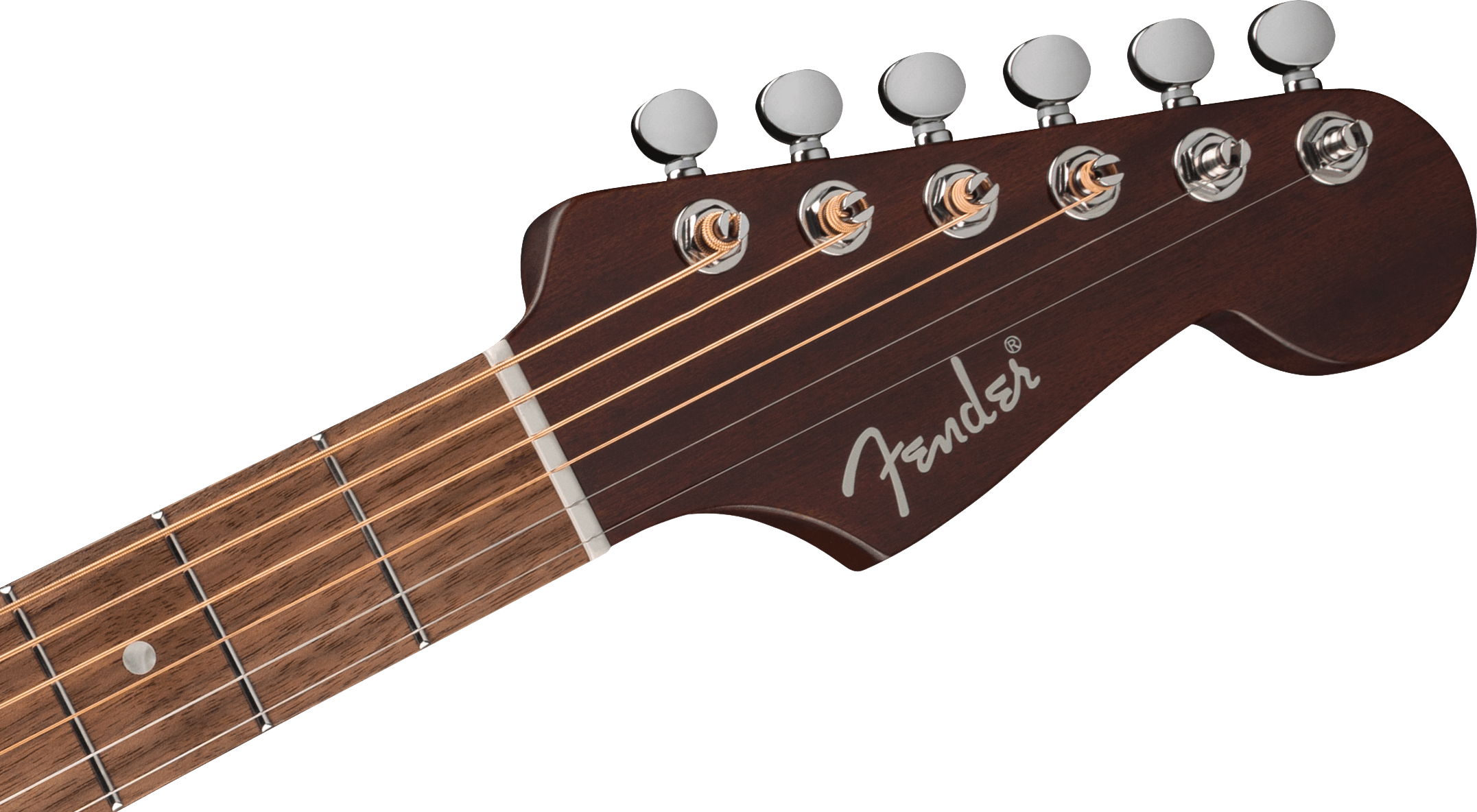 Tête de guitare acoustique Fender en bois foncé avec six mécaniques chromées alignées et logo Fender blanc, touches et frettes visibles.