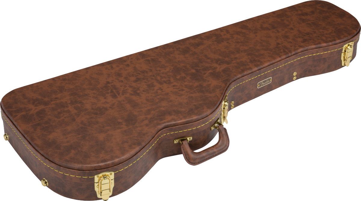 Brown hard guitar case with gold latches, a sturdy handle, and yellow stitching, shaped to fit an electric guitar.