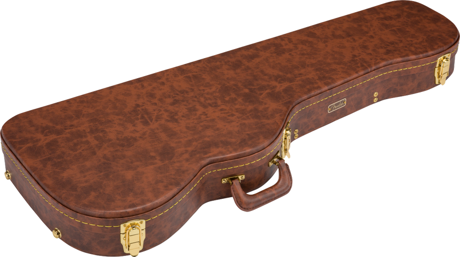 Brown hard guitar case with gold latches, a sturdy handle, and yellow stitching, shaped to fit an electric guitar.