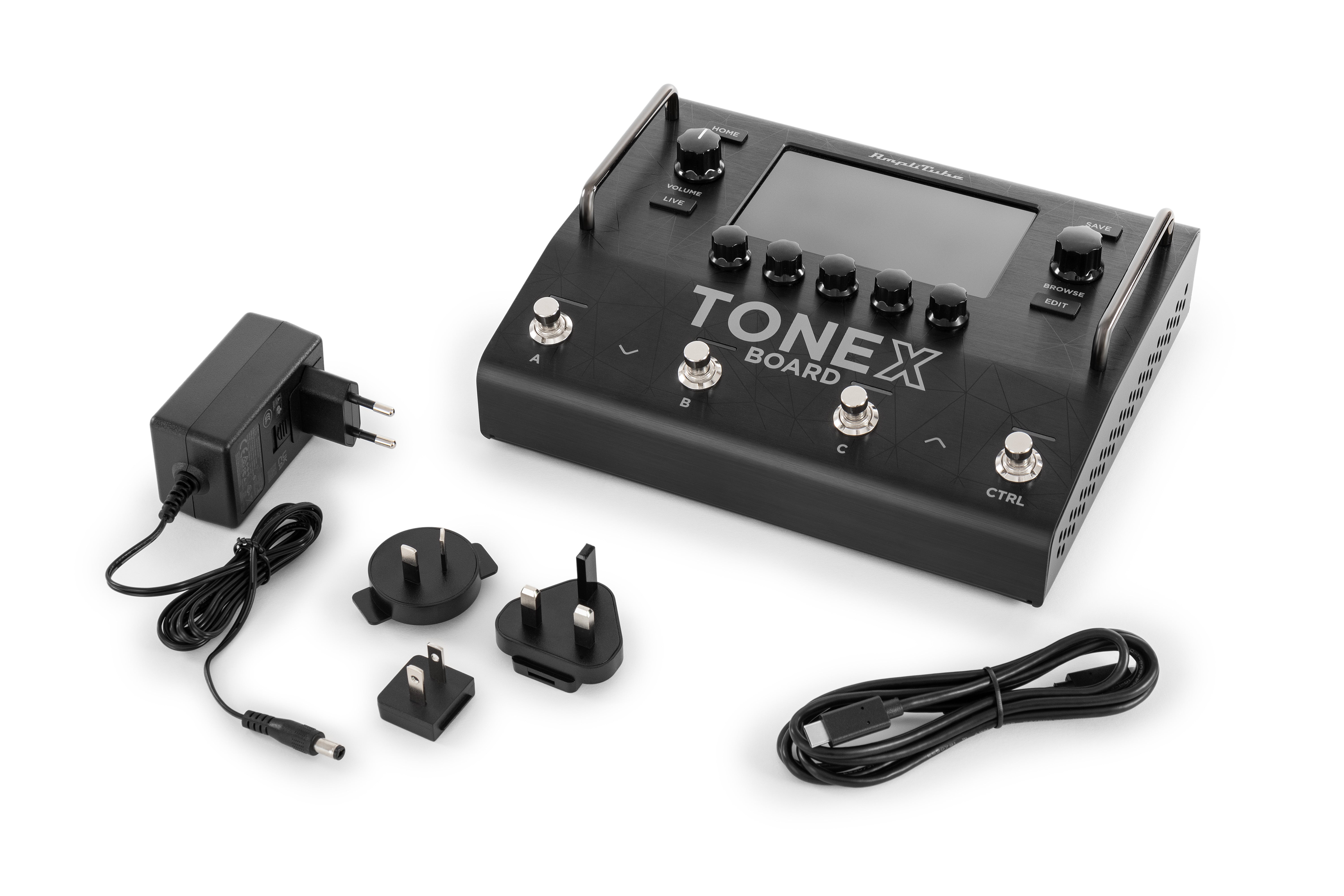 Black TONEX Board effects pedal with four footswitches, five knobs, display screen, power adapter, four international plugs, and a USB cable.