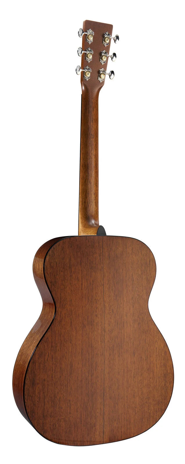 Rear view of an acoustic guitar showing a smooth, natural wood finish and six chrome tuning pegs on the headstock.