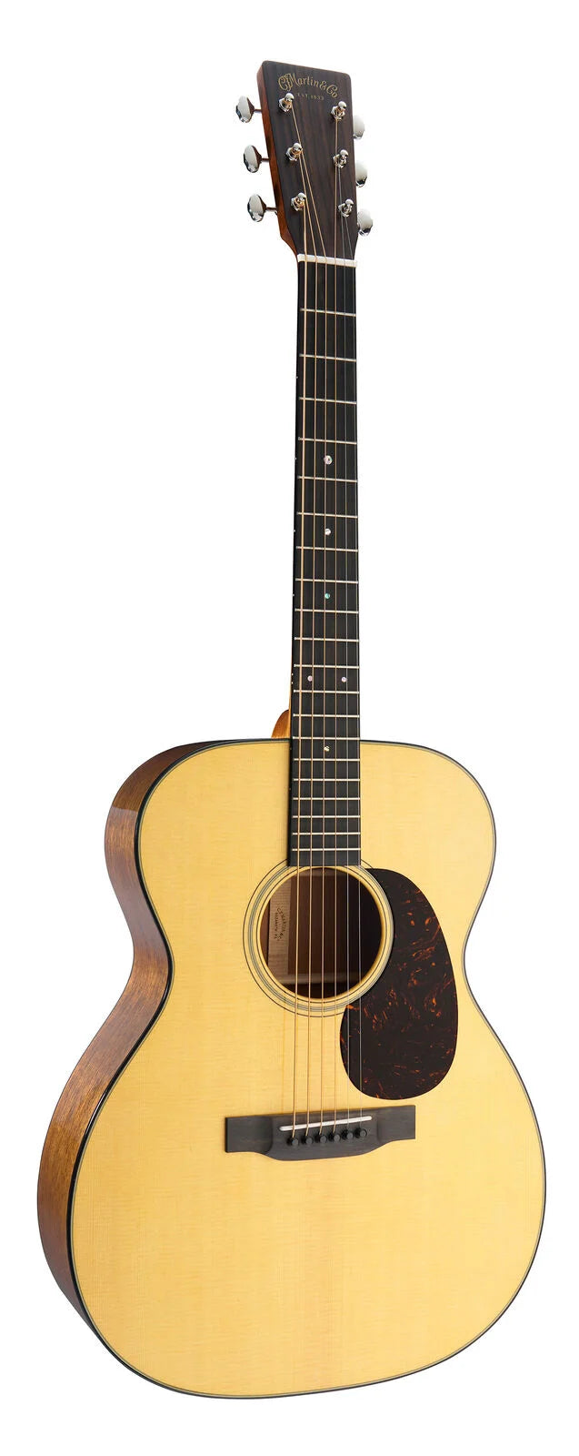 Light wood acoustic guitar with a dark pickguard, six steel strings, dark fretboard, and a rounded body. Brand name visible on the headstock.