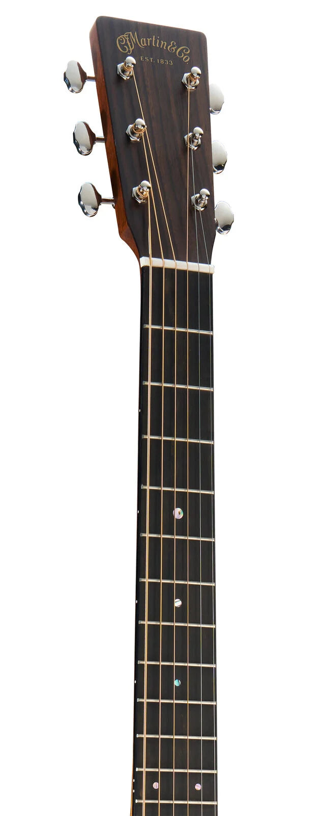 Dark wood Martin & Co. acoustic guitar headstock with silver tuning pegs and a black fretboard with pearl dot inlays.