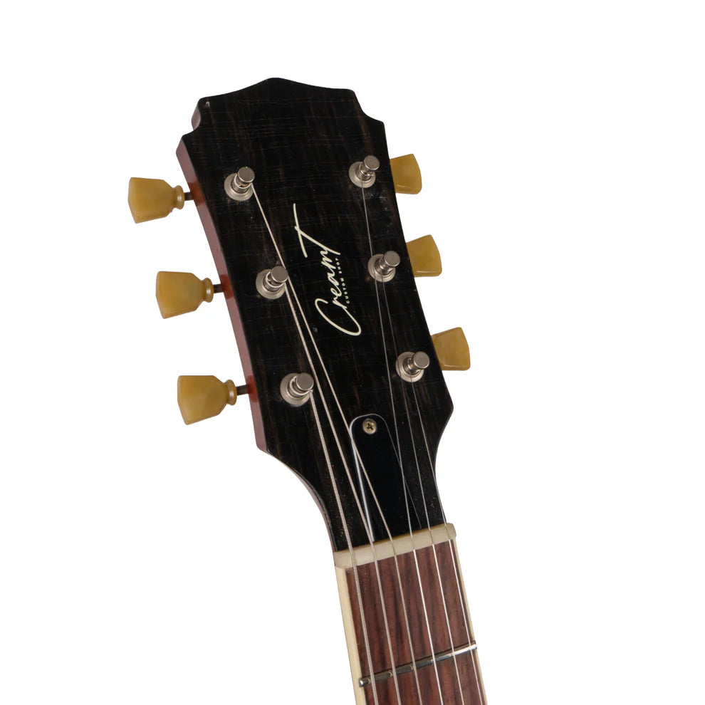 Electric guitar headstock with six tuning pegs, cream tuning knobs, and a dark wood finish featuring a white CreamT logo.