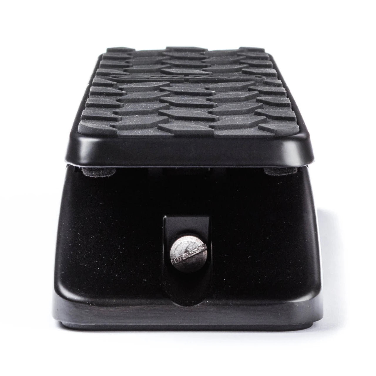 Pédale d’effet noire de forme rectangulaire, surface supérieure texturée en relief, vis visible à l’avant pour l’articulation du plateau.