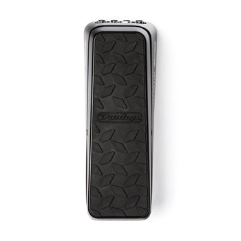 Dunlop FX pedal with a black textured, non-slip tread and chrome edges; rectangular and elongated in shape.