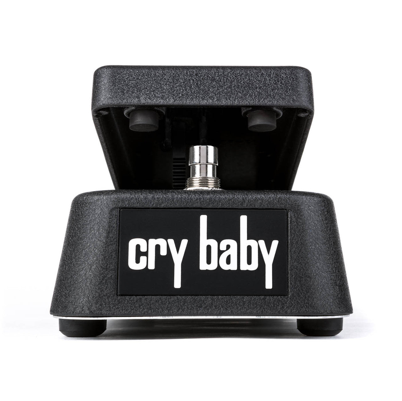 Black Cry Baby effects pedal with a rocker footplate and large white "cry baby" text on the front.