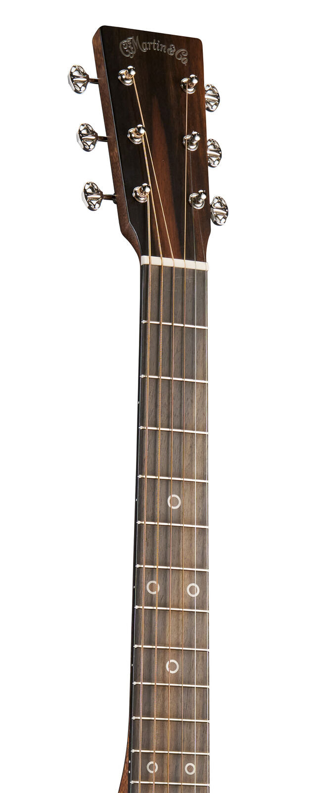 Martin & Co acoustic guitar headstock and fretboard, six metal tuning pegs, inlaid fret markers on dark wood.