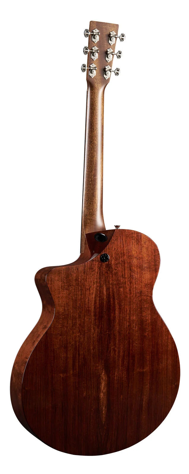 Rich brown acoustic guitar shown from the back, highlighting its smooth, glossy wooden body, neck, and silver tuning pegs.