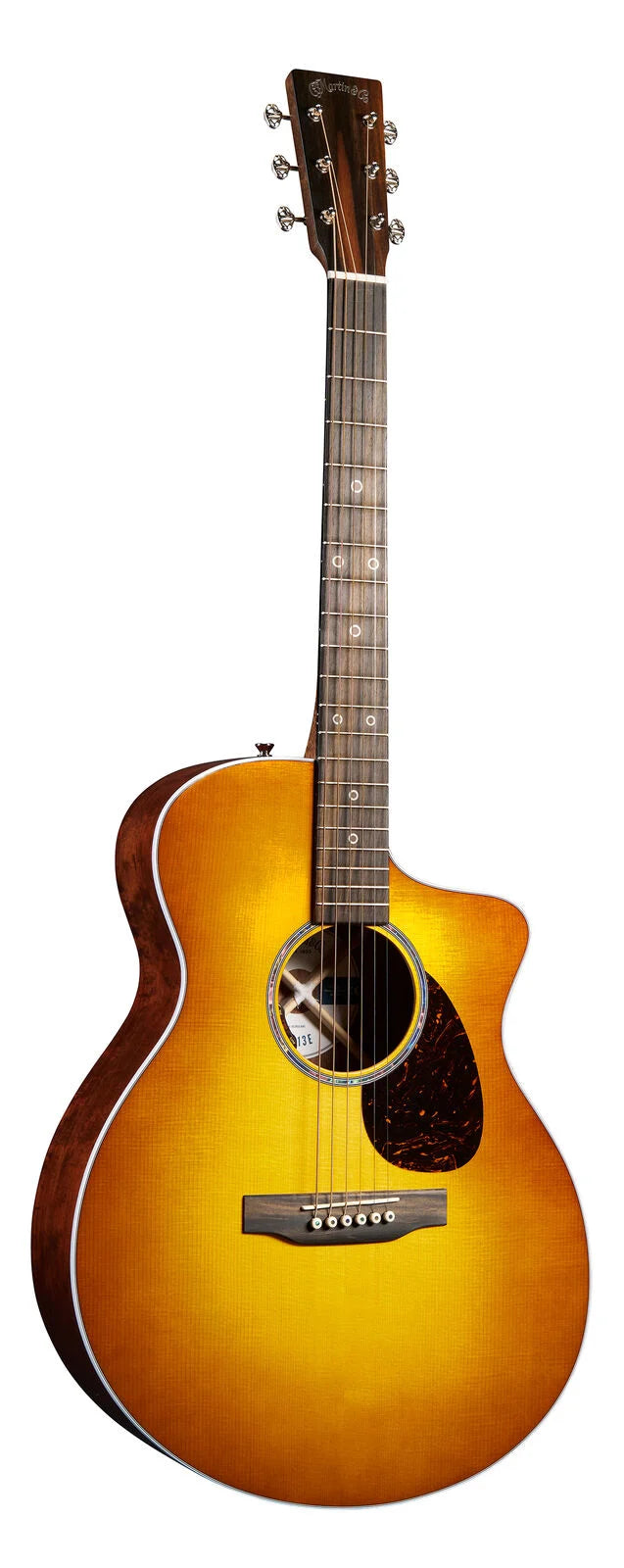 Sunburst acoustic guitar with a cutaway body, six strings, dark wood sides, round sound hole, and a teardrop-shaped pickguard.