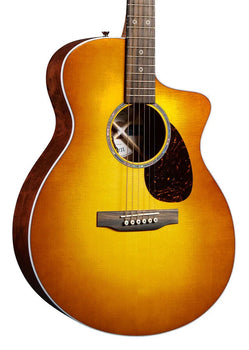 Sunburst acoustic guitar with a cutaway body, six strings, dark brown pickguard, white binding, and circular sound hole.