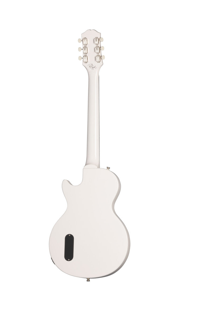 White electric guitar shown from the back, single-cutaway body, six tuning pegs, and a black electronics cover near the lower edge.