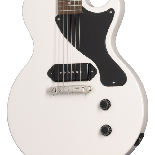 White electric guitar with a single black pickup, two black control knobs, and a black pickguard on the lower right side of the body.