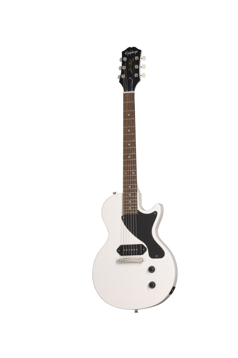 White electric guitar with a single cutaway body, black pickguard, one pickup, two control knobs, and a rosewood fretboard.