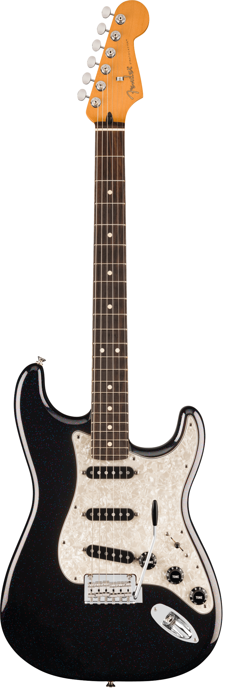 Black Fender Stratocaster electric guitar with a white pearloid pickguard, three single-coil pickups, rosewood fretboard, and chrome hardware.
