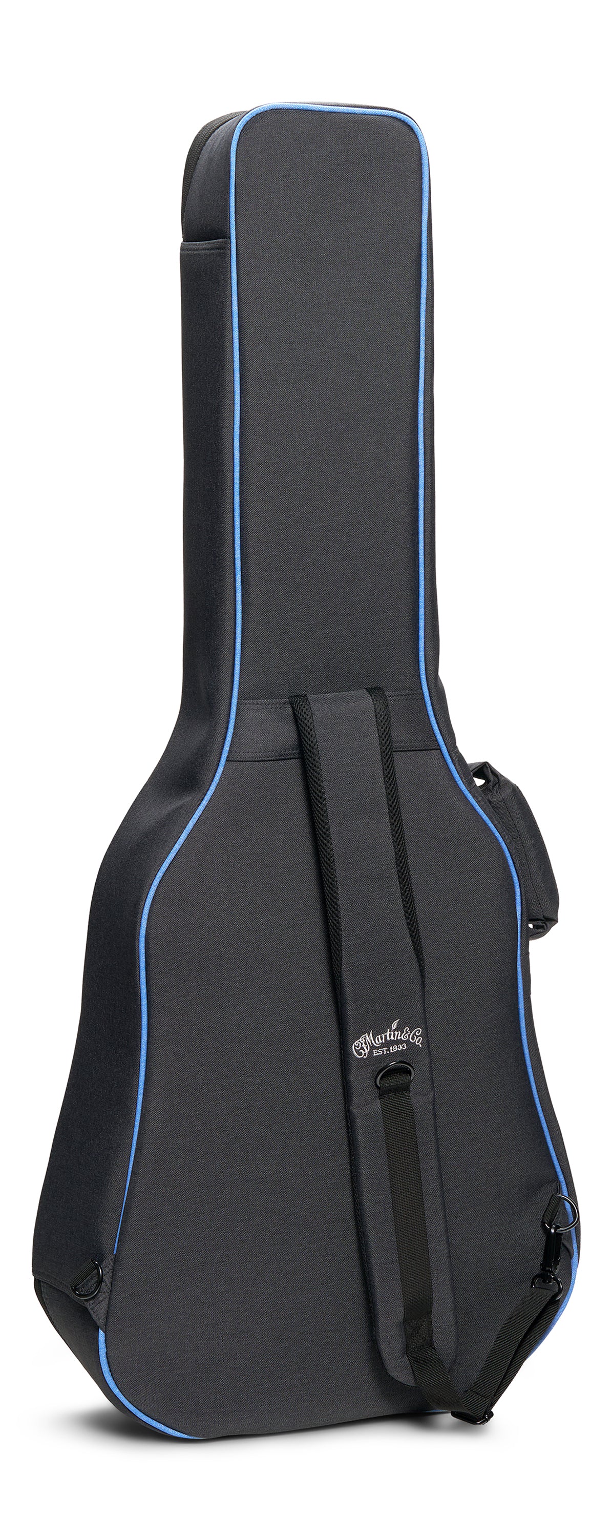 Housse renforcée noire pour guitare acoustique, liserés bleus, bretelles de portage et logo blanc "Martin & Co" sur le devant.