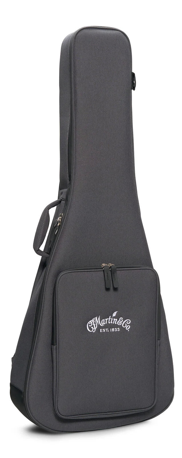 Dark gray soft guitar case with handle, front zipper pocket, and "Martin & Co. EST. 1833" embroidered in white on the pocket.